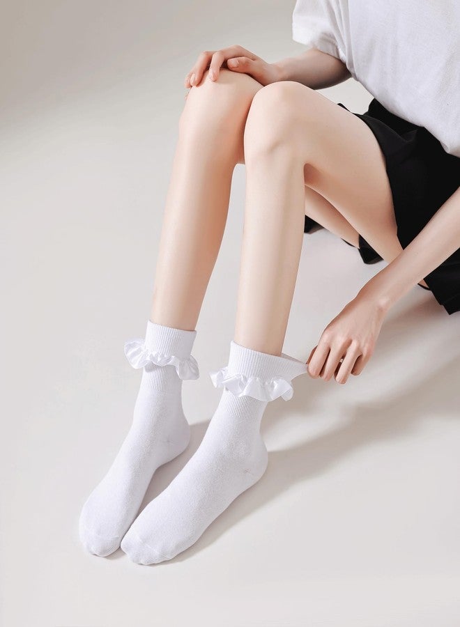 AMHRLINGTO Lace Ruffle Frilly Ankle Socks for Women, Comfortable Cotton Cute Princess Lolita Socks for Ladies Girl (White-1 Pairs) - Image 3